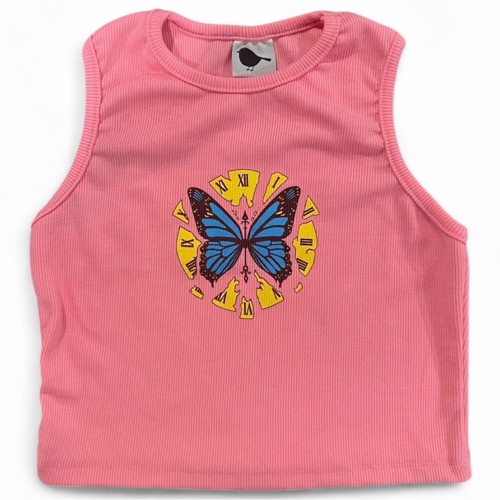Pink Butterfly Graphic Design Fairy Core Beachy Euro Summer Tank Top Small